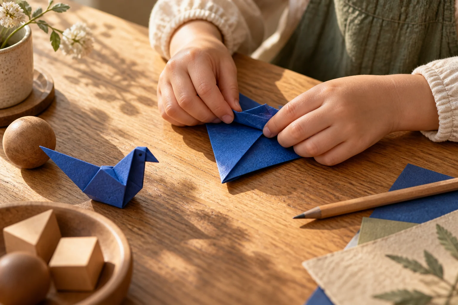 A handmade paper bird taking shape on a sunlit learning desk.