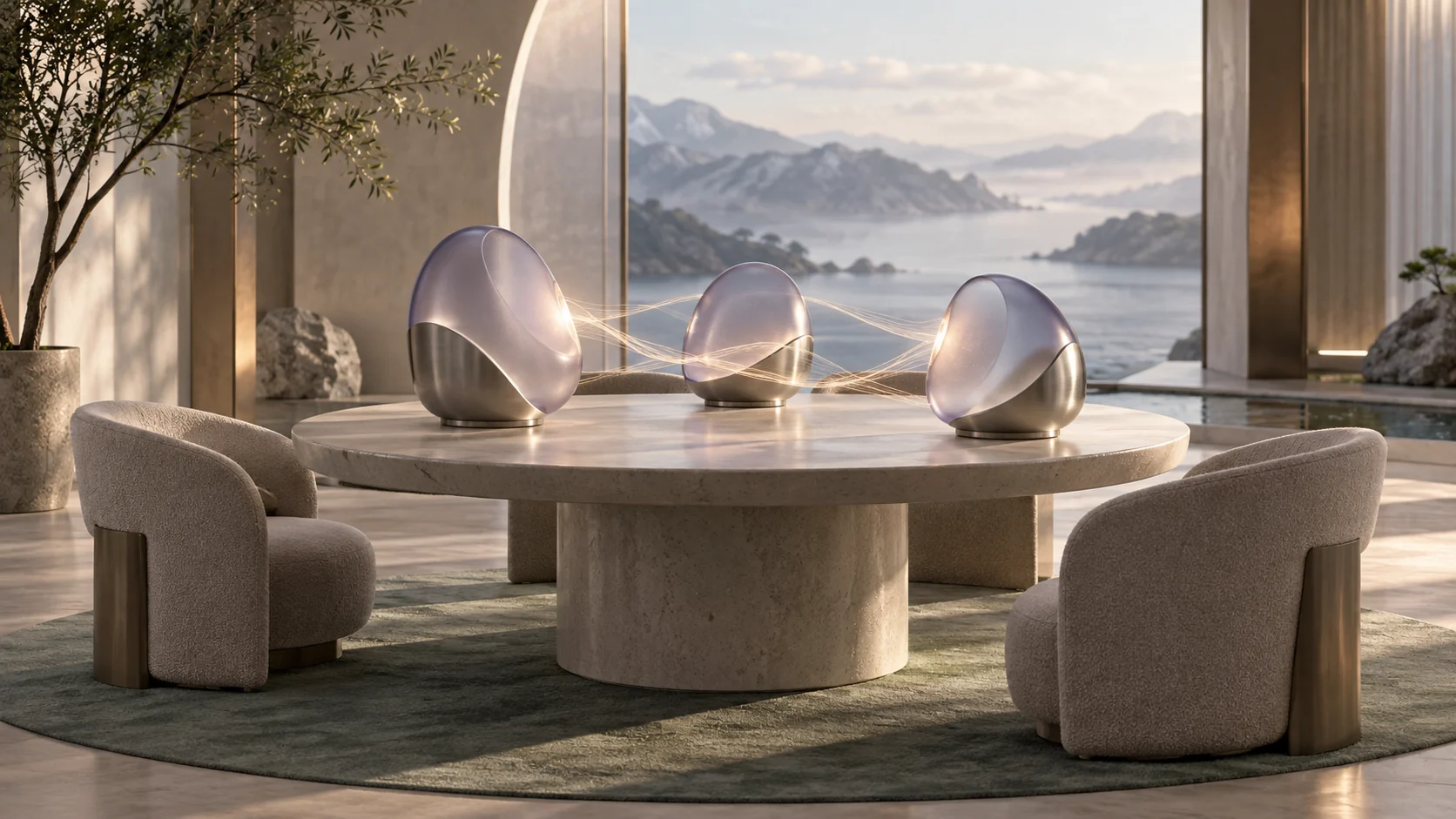 A sculptural meeting table with frosted acoustic forms and threads of light connecting the conversation.