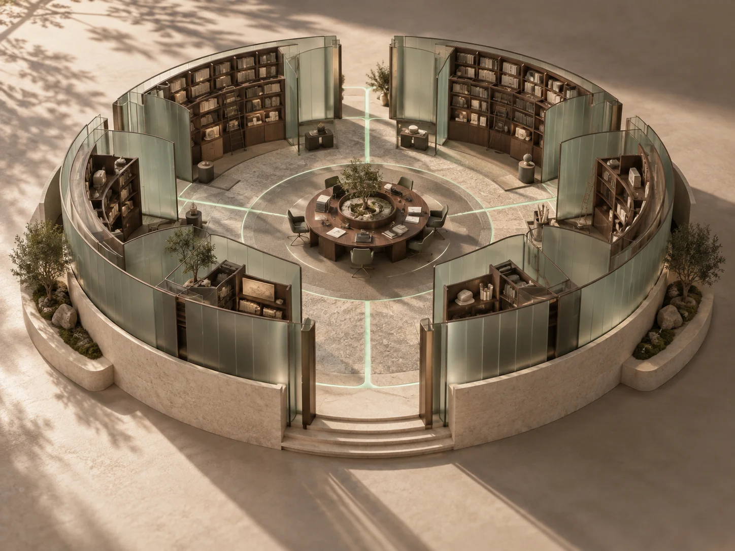 An illuminated architectural knowledge archive with connected paths through a shared centre.