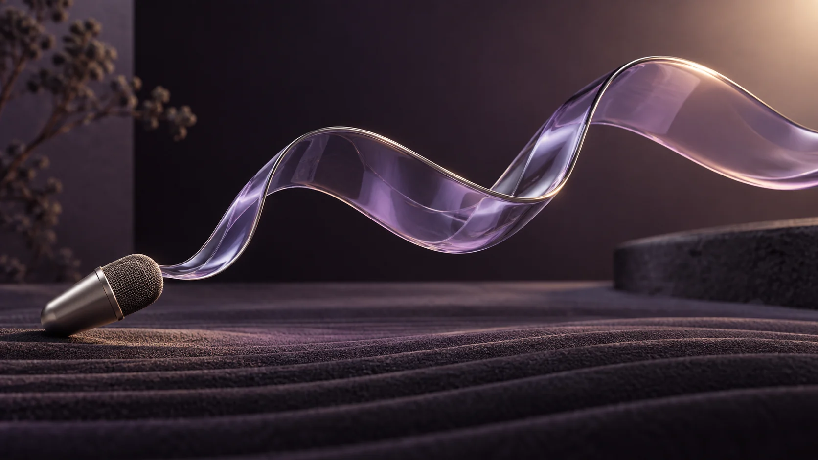 A ribbon of translucent glass shaped like a human voice above a dark acoustic surface.